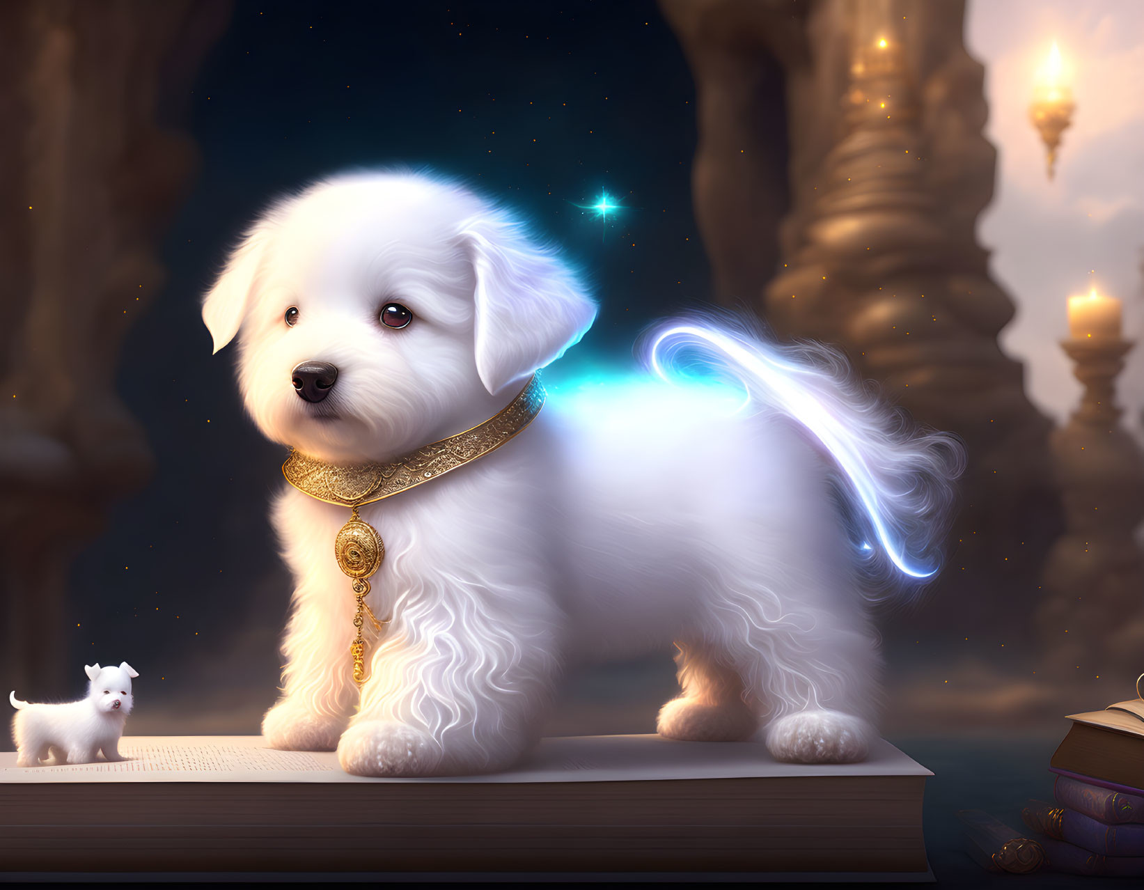 Fluffy white puppy with golden collar in candlelit grotto