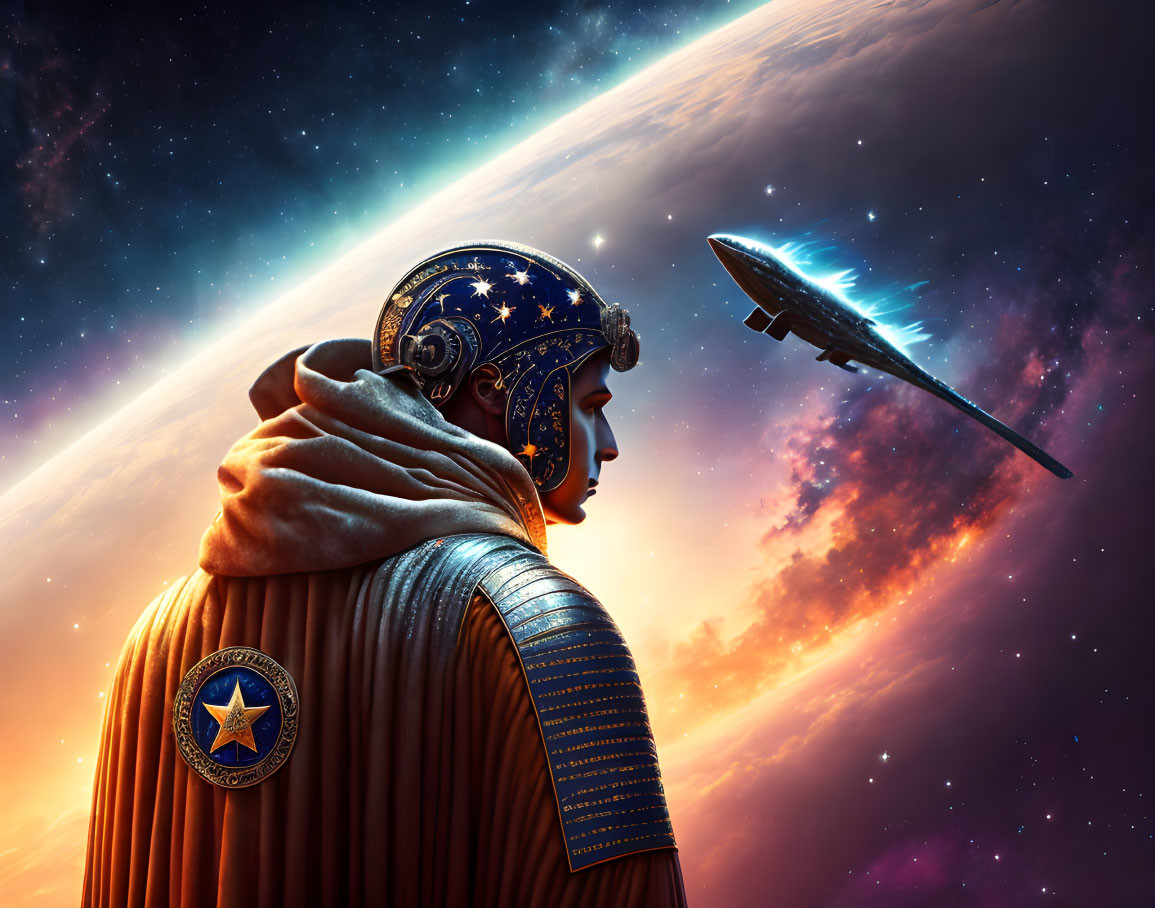 Astronaut in decorated helmet gazes at distant spaceship in cosmic scene