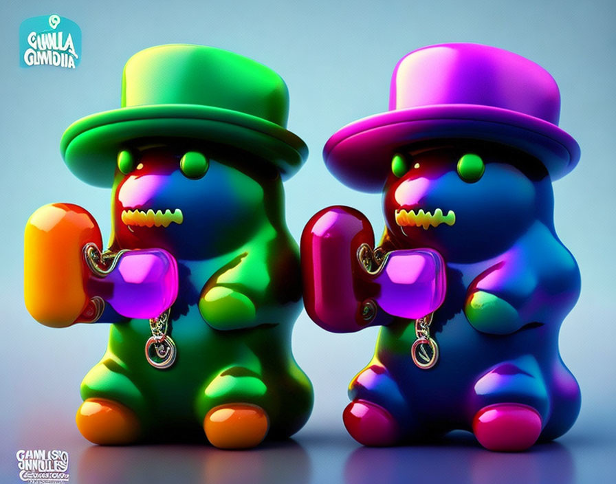 Colorful Glossy Toy Figures with Hats and Boxing Gloves on Dark Background