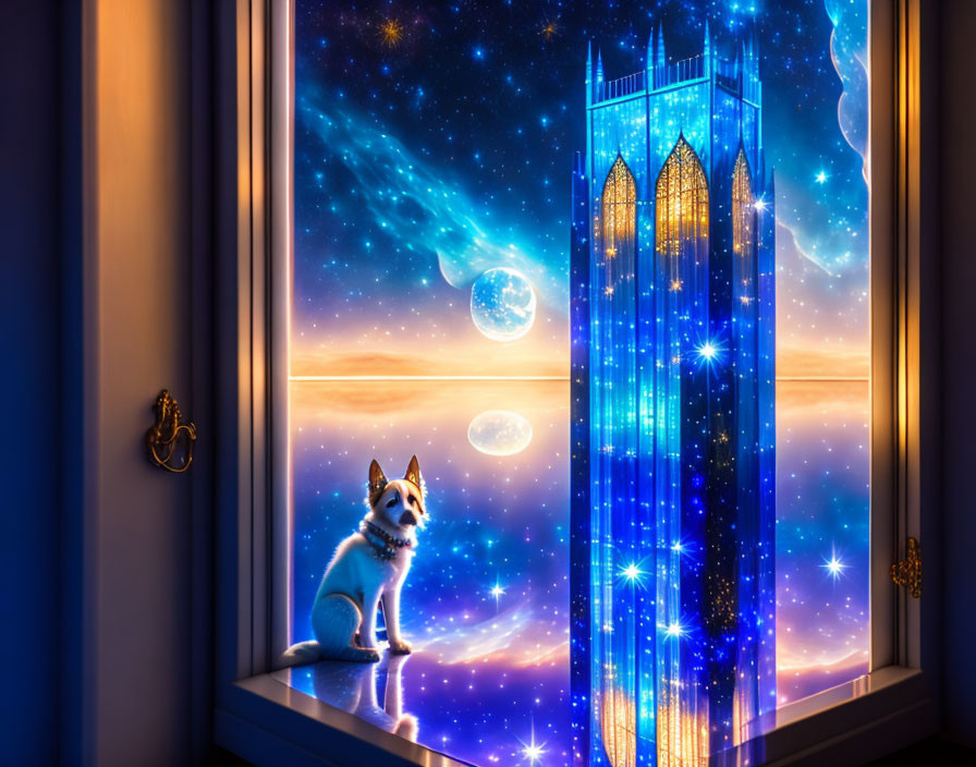 Dog on windowsill gazes at whimsical nighttime scene with glowing tower & stars.