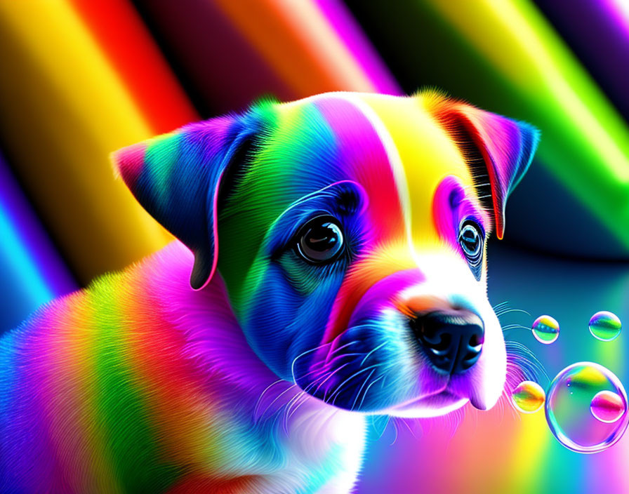 Colorful Puppy with Multicolored Fur and Rainbow Bubbles Background