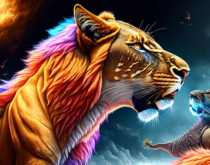 Colorful digital artwork: Two roaring lions under dramatic sky