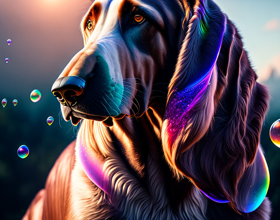 Colorful digital artwork: iridescent fur dog with bubbles in sunset scene