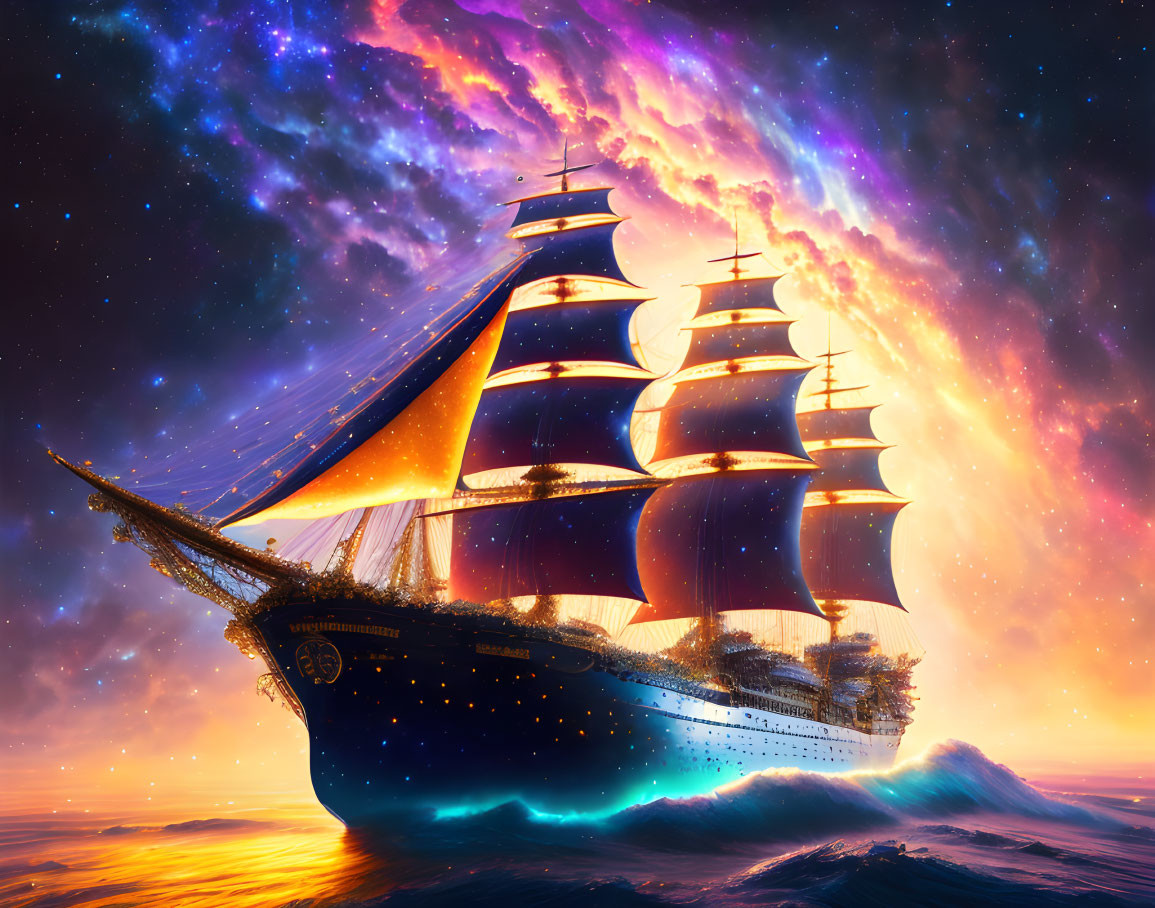 Sailing ship on sea under cosmic sky with nebulae and stars