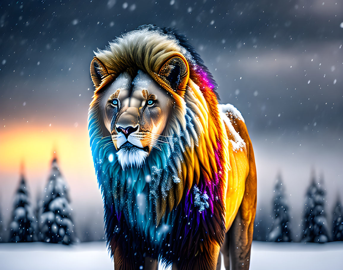 Colorful Maned Lion in Snowy Landscape with Sunset Sky