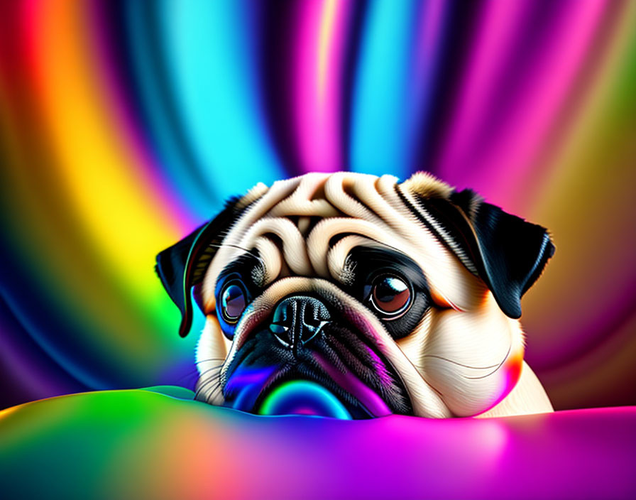 Vibrant digital pug art with sad eyes on colorful backdrop