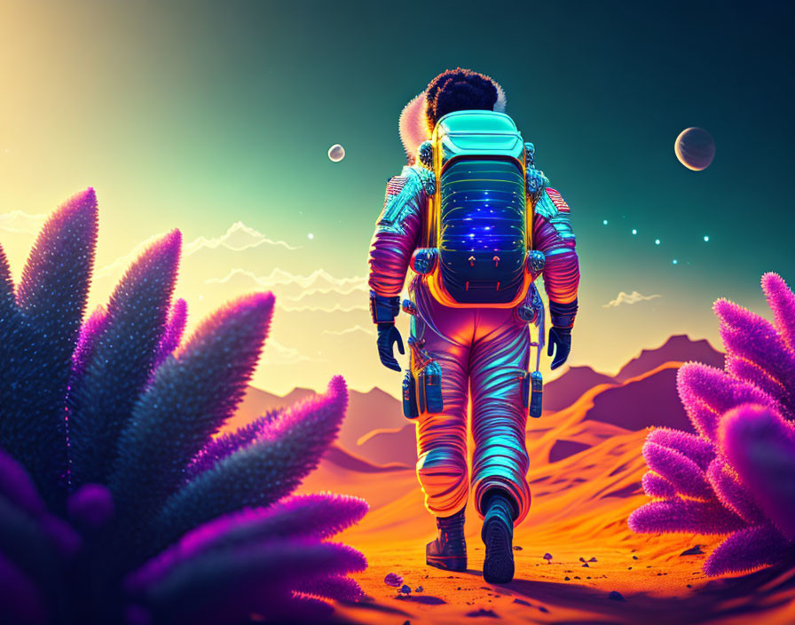 Colorful Suit Astronaut Explores Alien Planet with Purple Foliage