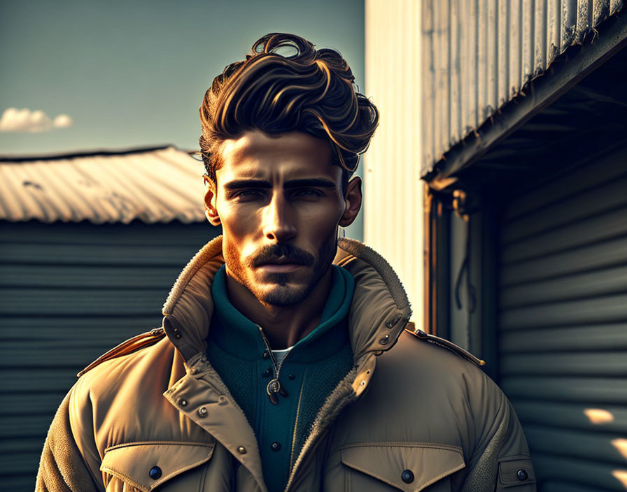 Sculpted facial features man portrait in brown jacket against industrial backdrop