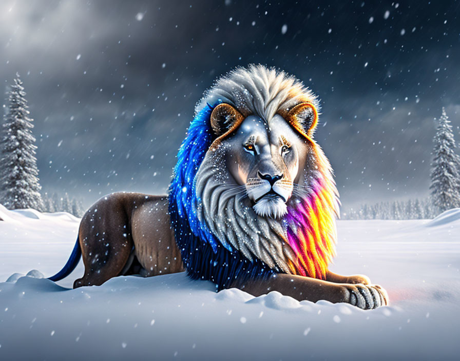 Colorful Lion with Rainbow Mane in Snowy Landscape