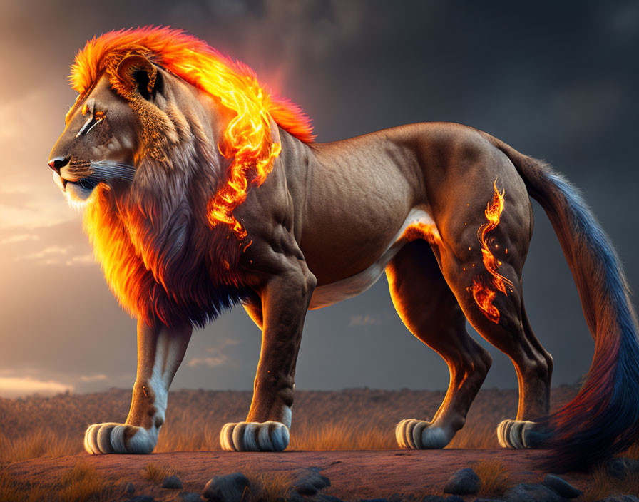 Majestic lion with fiery mane on rocky surface at dusk