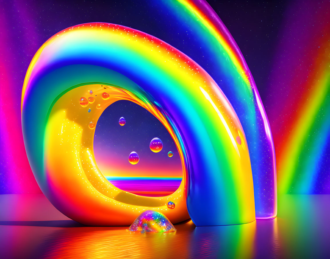 Colorful digital artwork: Glossy rainbow Mobius strip, bubbles, neon-lit starry backdrop