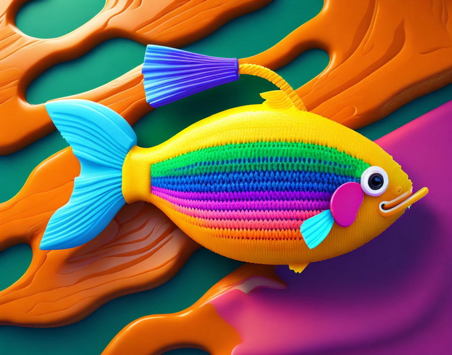 Vibrant 3D fish illustration with rainbow body, purple eyes, blue fins, pink mouth