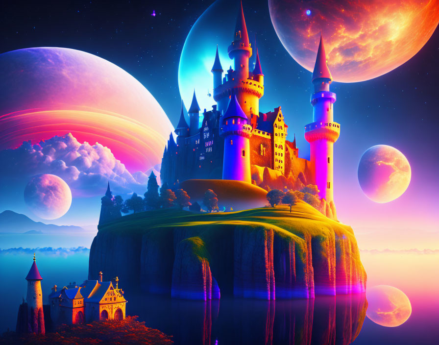 Fantastical castle on floating island with colorful moons in purple sky