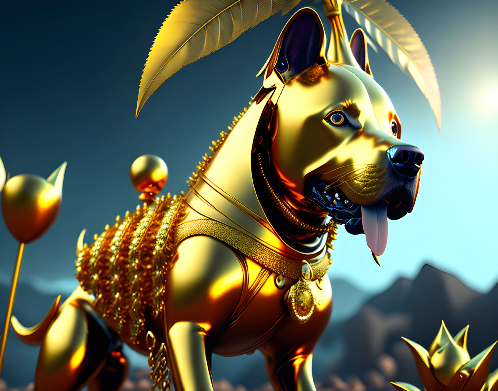 Golden dog statue with chains and pendants against blue sky and mountain.