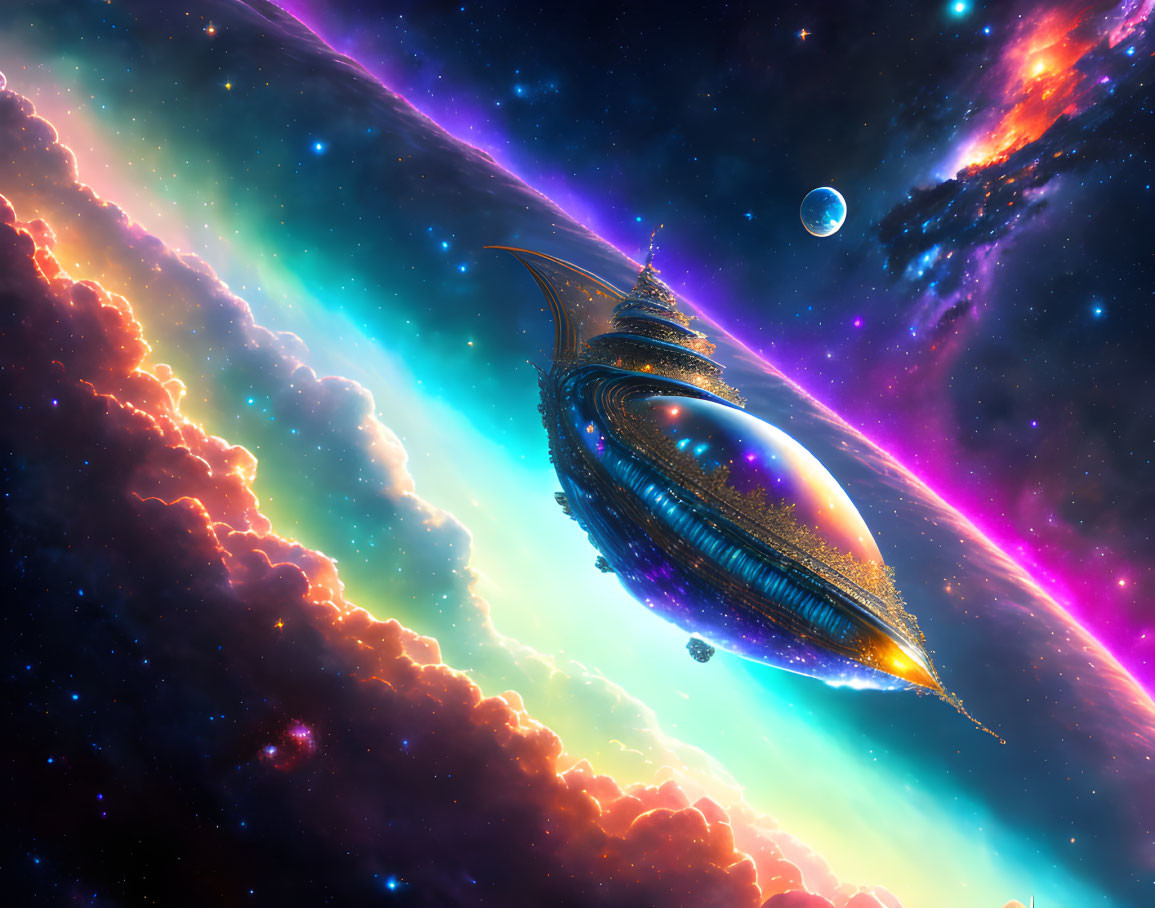 Futuristic spaceship in vibrant cosmic scene