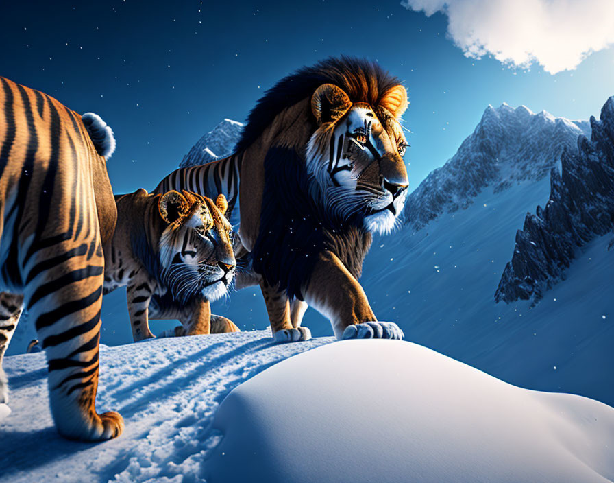 Wild feline creatures in snowy mountain landscape