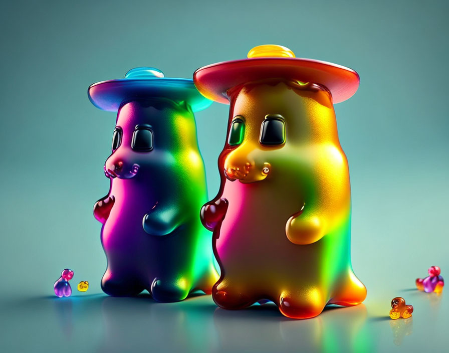 Colorful Cartoon-Like Jelly Candy Figures on Blue Gradient Background