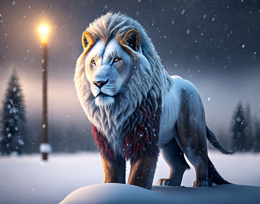 Majestic lion with lush mane in snowy twilight landscape