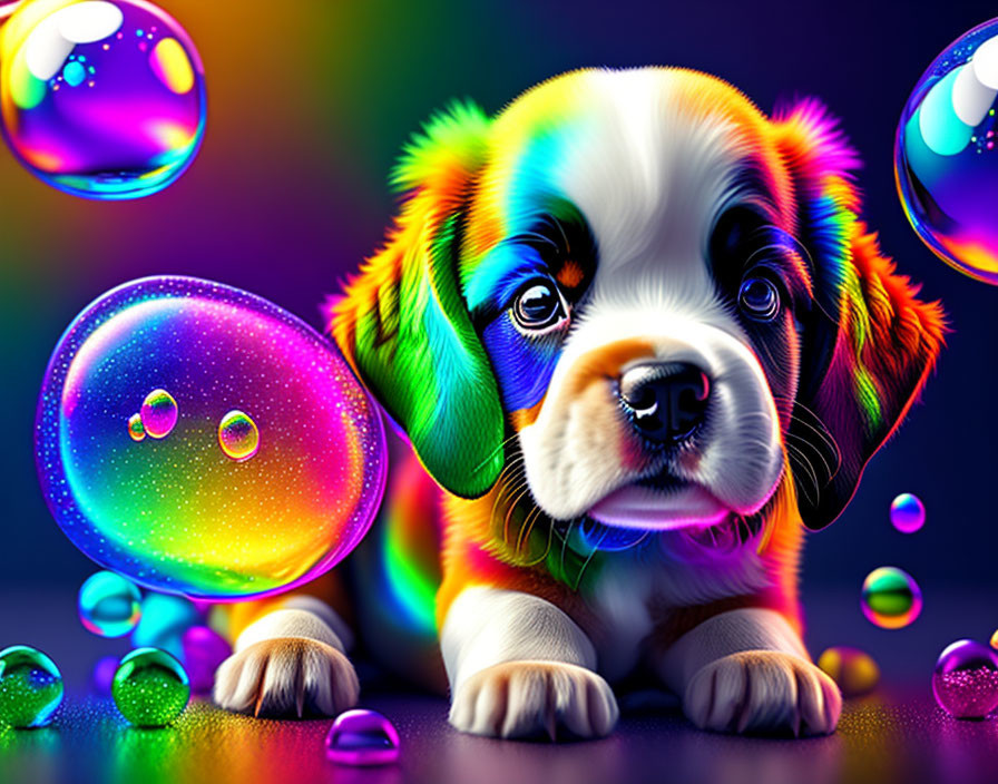 Colorful Illustration: Cute Puppy with Big Eyes & Iridescent Bubbles