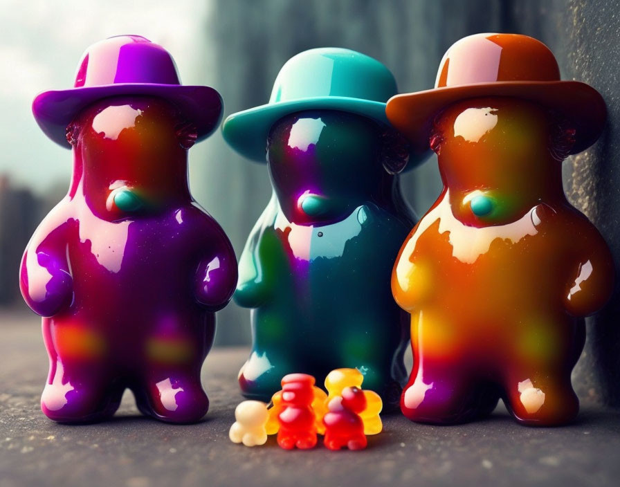 Colorful Bear Figurines with Glossy Finishes and Hats Next to Small Candies