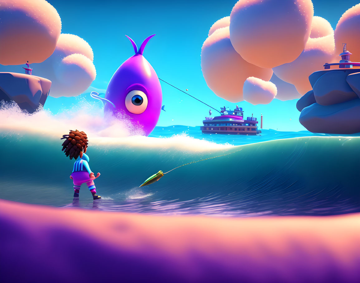 Animated scene: Child fishing catches purple fish near cruise ship in surreal sky