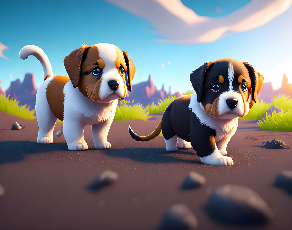 Two expressive-eyed animated puppies on a whimsical road with colorful skies and distant mountains.