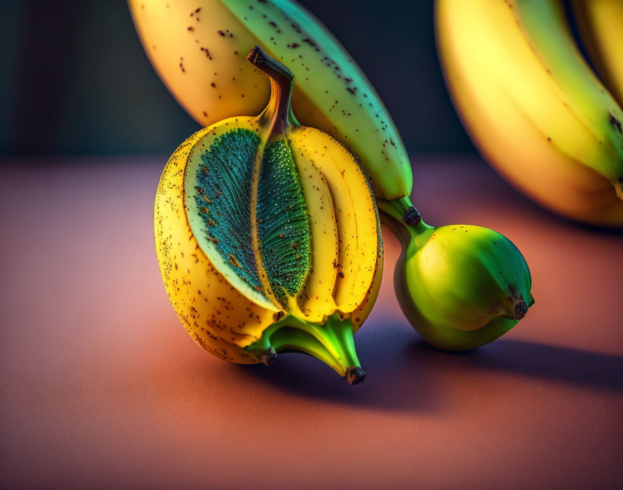 Bananas with Kiwi Texture Revealed on Dual-Tone Background