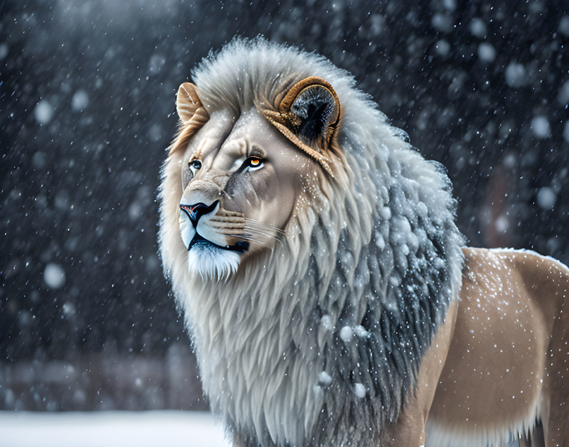 Majestic lion with thick mane in snowfall gazes intently