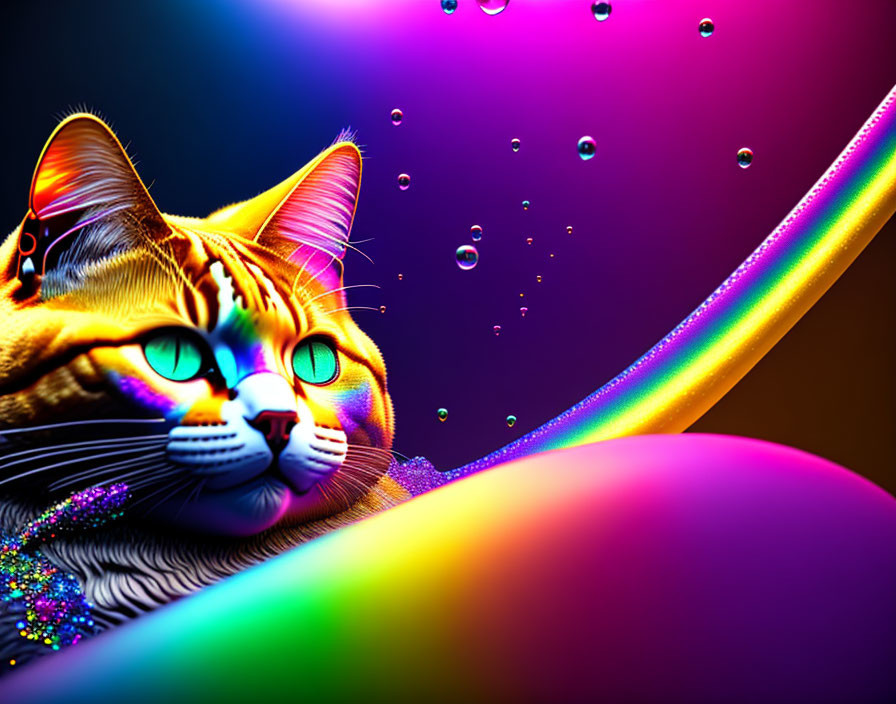 Colorful Digital Artwork Featuring Sparkling Cat Against Abstract Background