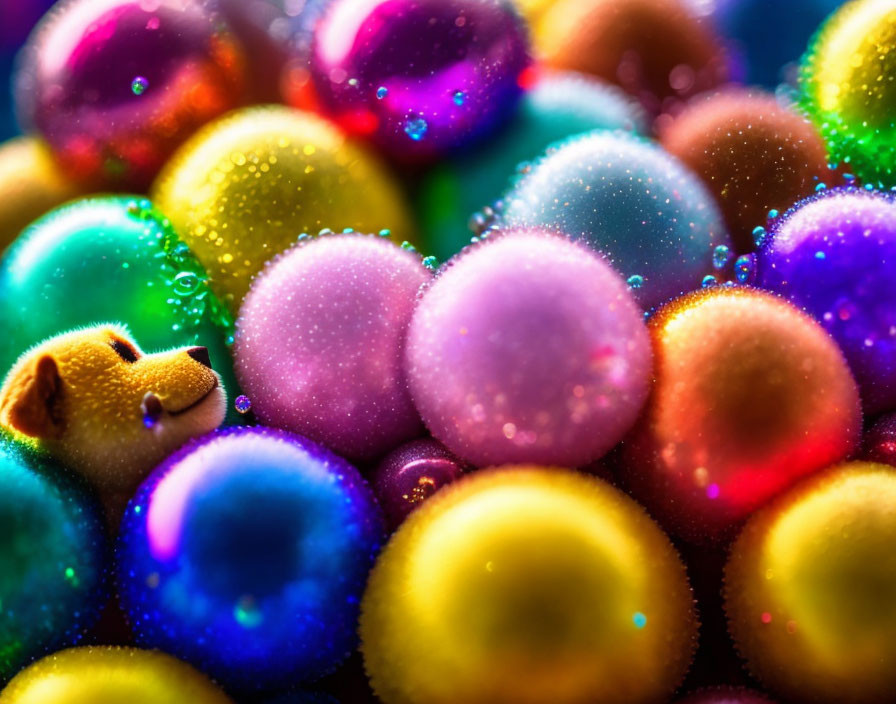 Colorful Glossy Spheres with Water Droplets Featuring Dog Figure