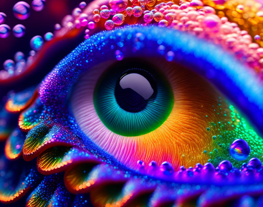 Close-up Vibrant Eye with Multicolored Patterns and Water Droplets