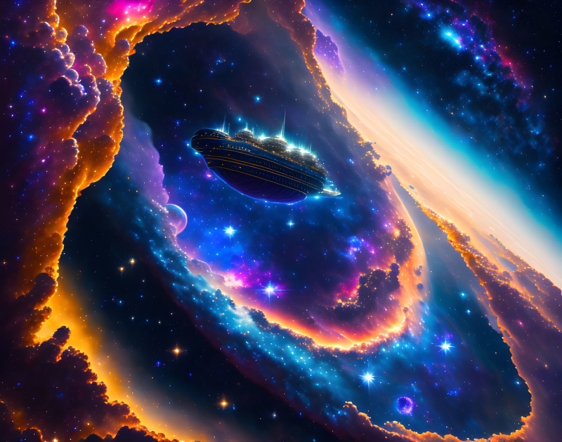 Colorful Cosmic Scene: Futuristic Spaceship in Nebula