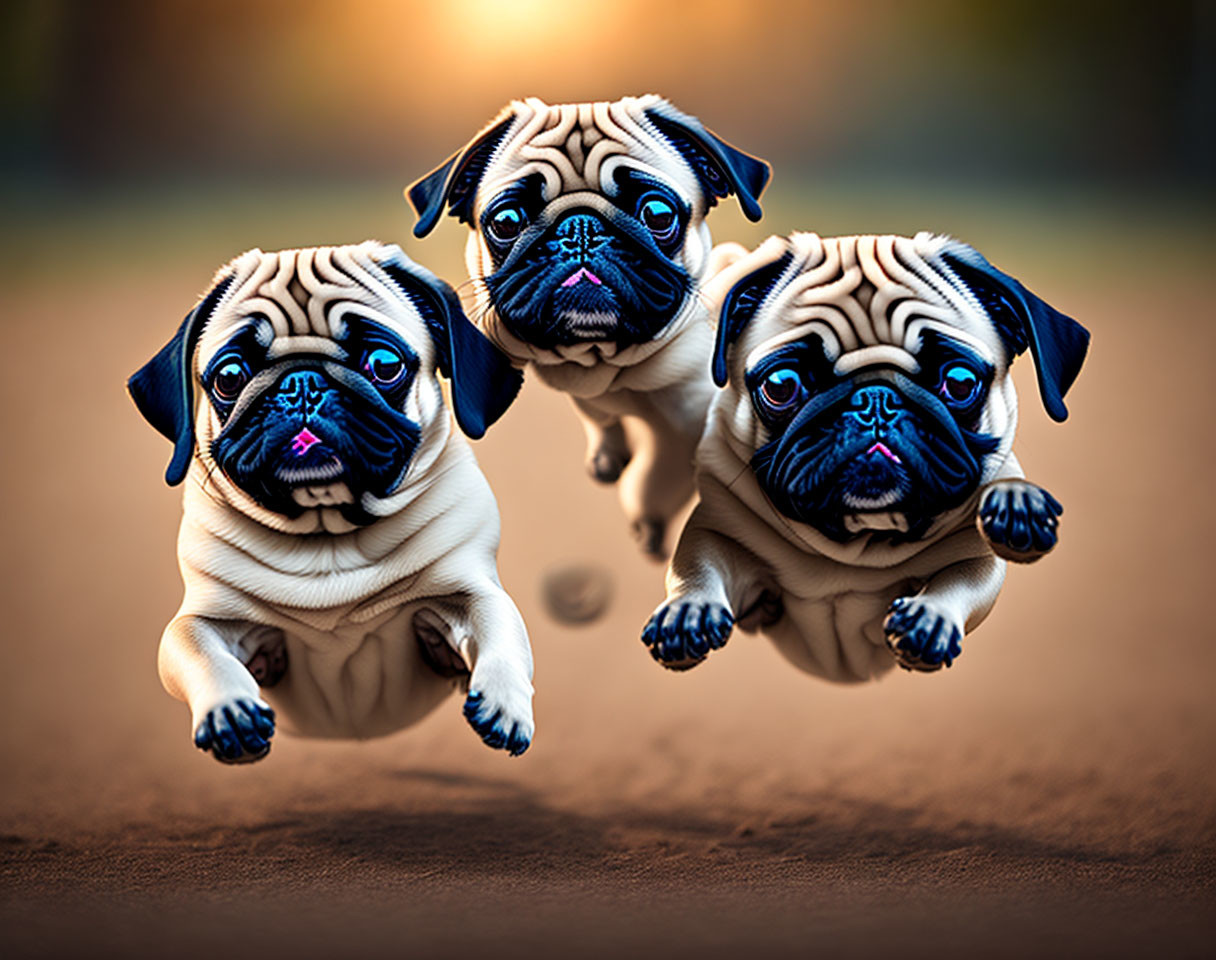 Three pug dogs leaping in mid-air with blurred background