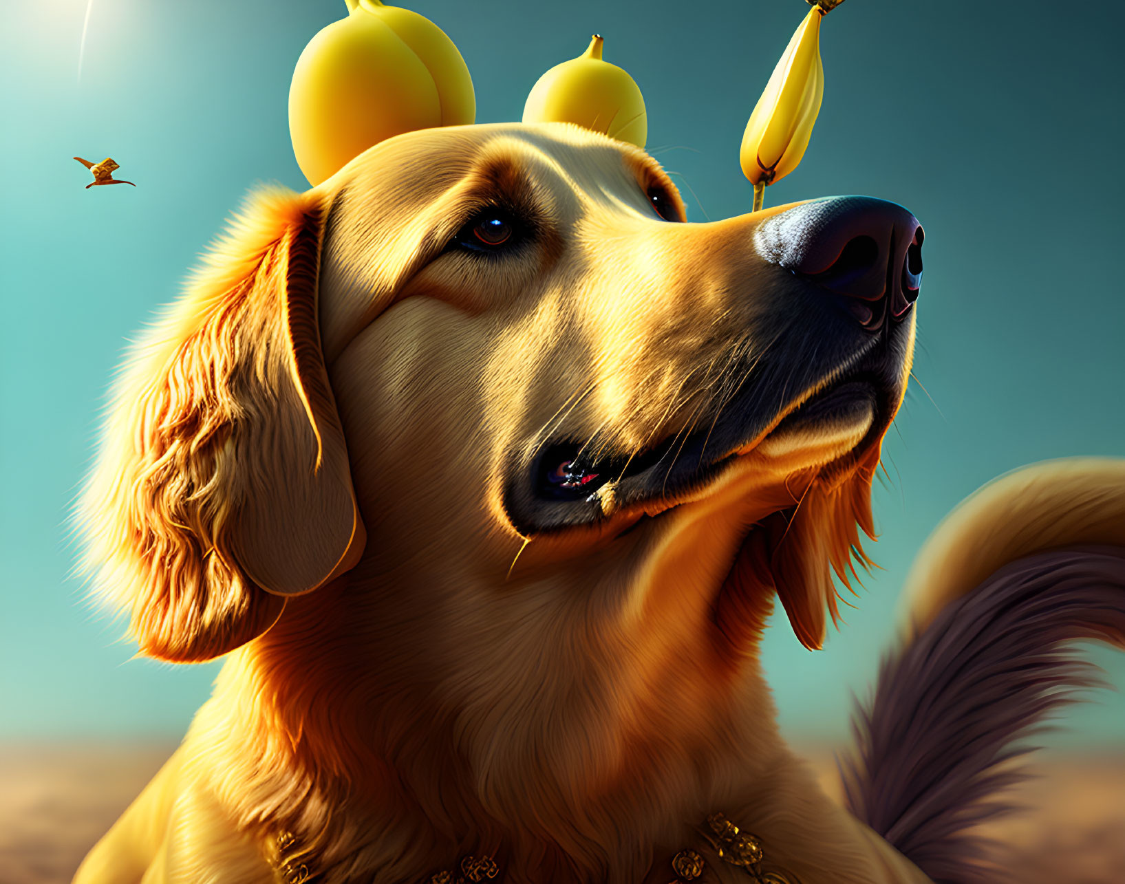 Golden retriever holding lemons under clear sunny sky