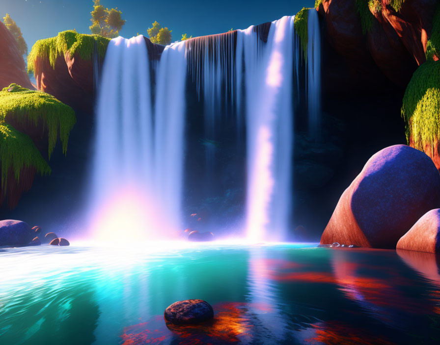 Tranquil waterfall scene with lush vegetation and sunlight glow