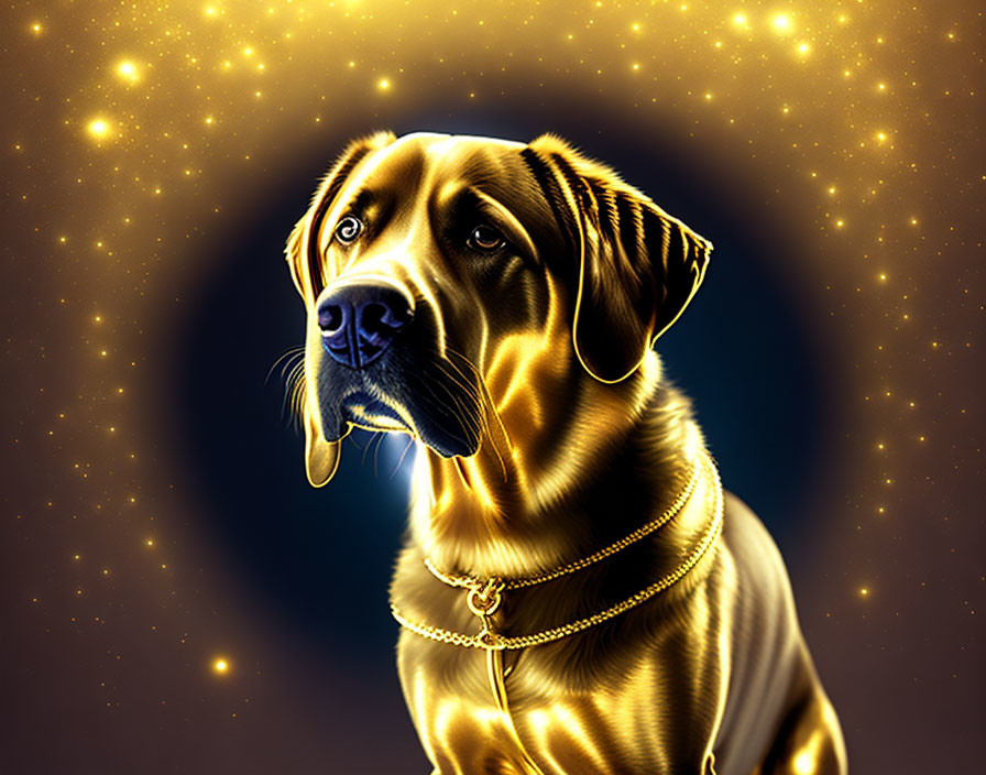 Shiny Golden Labrador Retriever with Necklace on Dark Golden Background