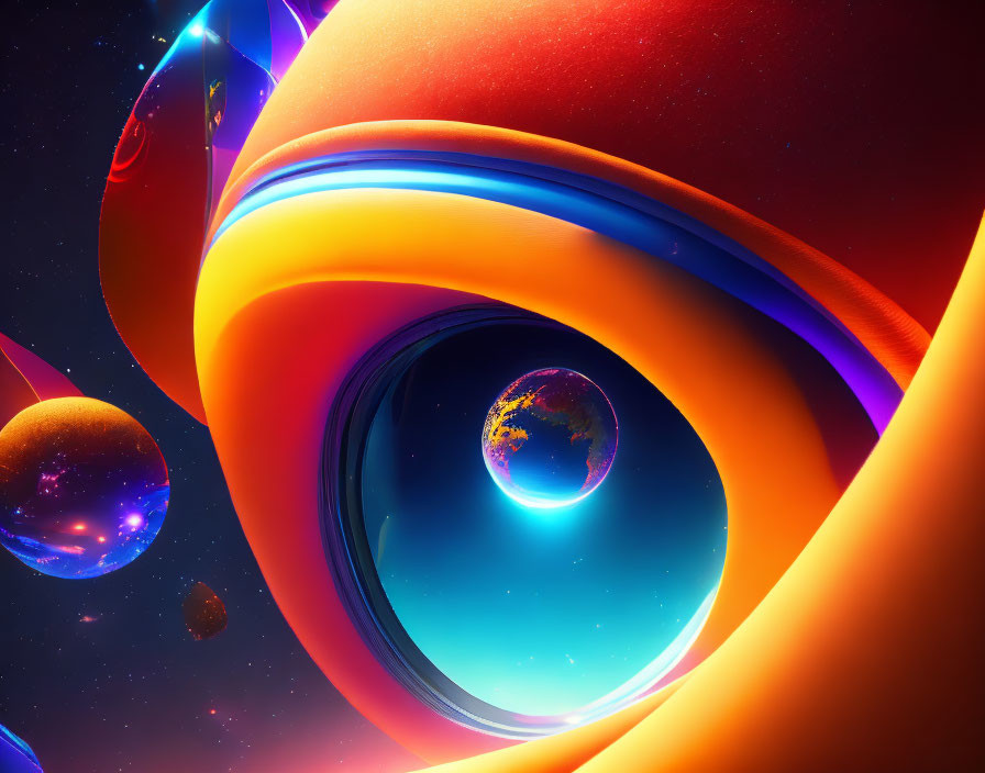 Colorful surreal space scene with neon planets and celestial bodies