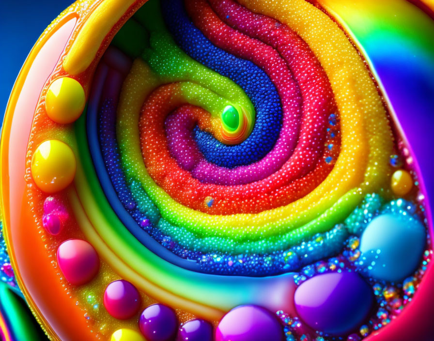 Colorful Spiral Pattern with Glittering Droplets on Glossy Surface