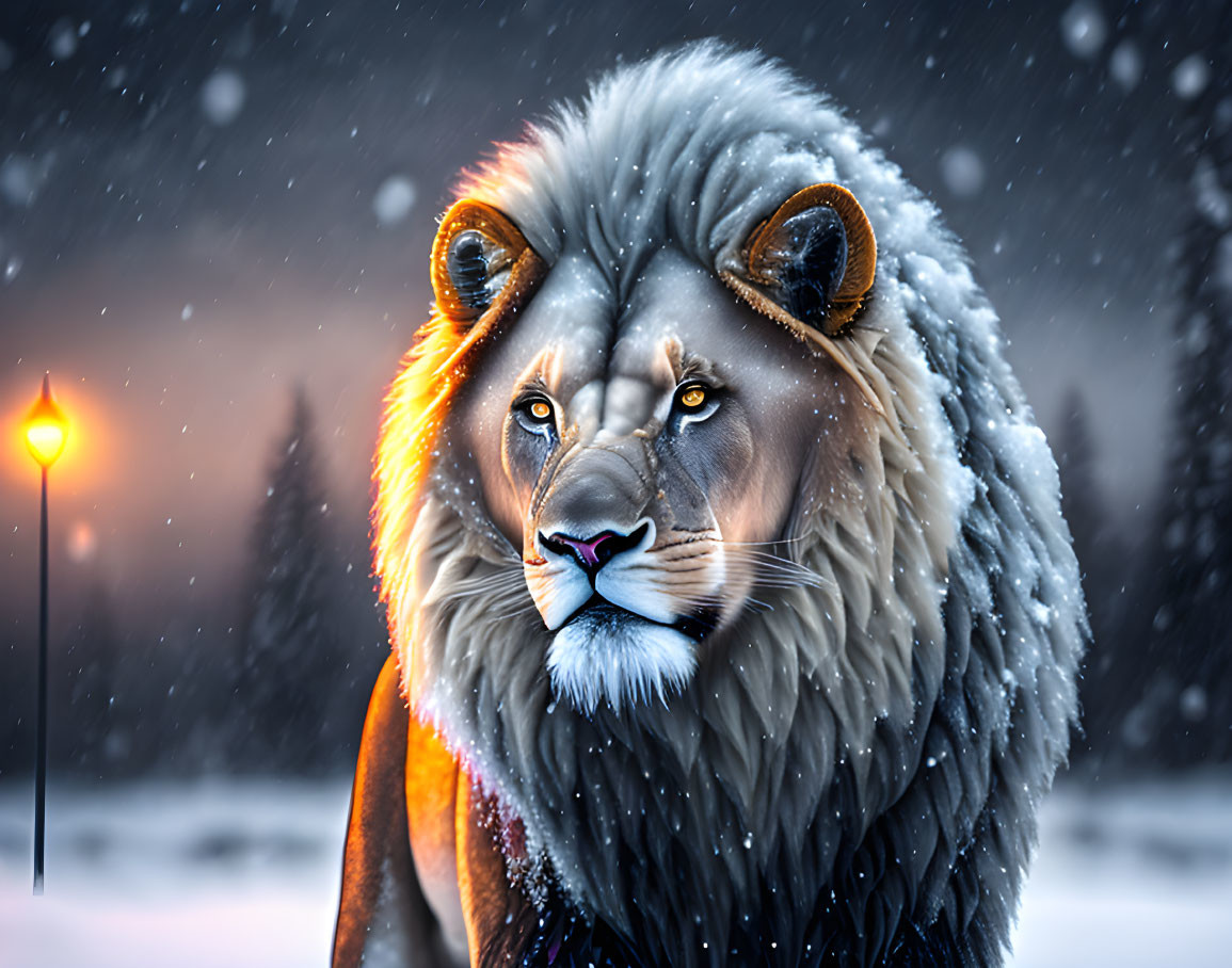 Majestic lion with frost-laden mane in snowy twilight scene