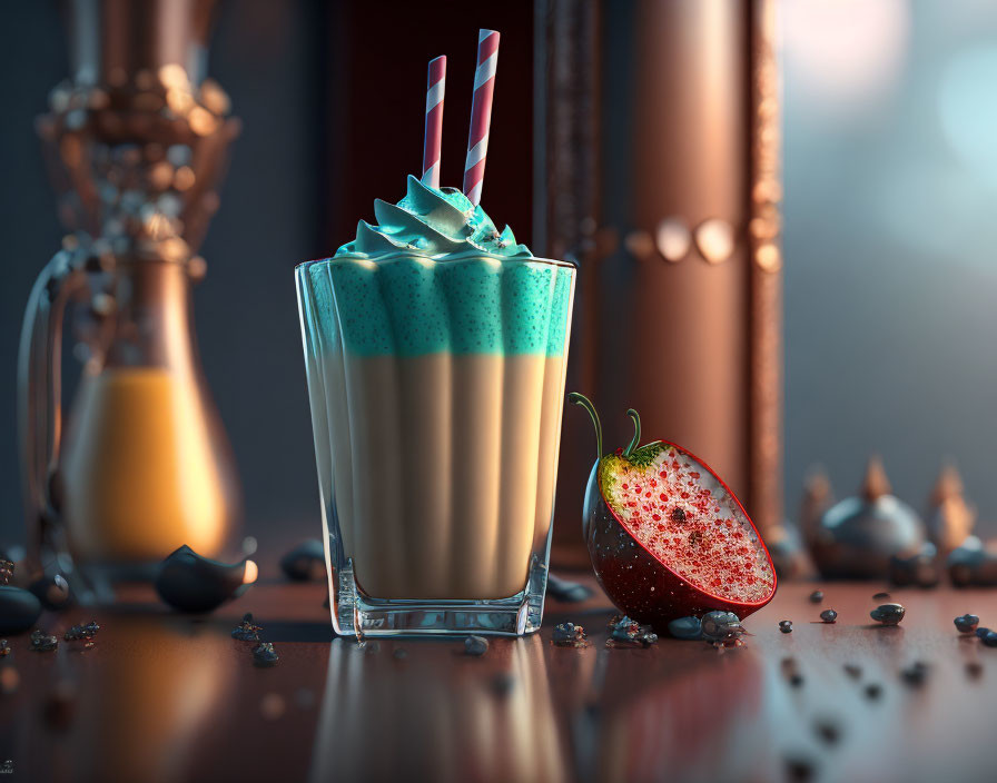 Layered Coffee Beverage with Blue Cream and Fruit Garnish