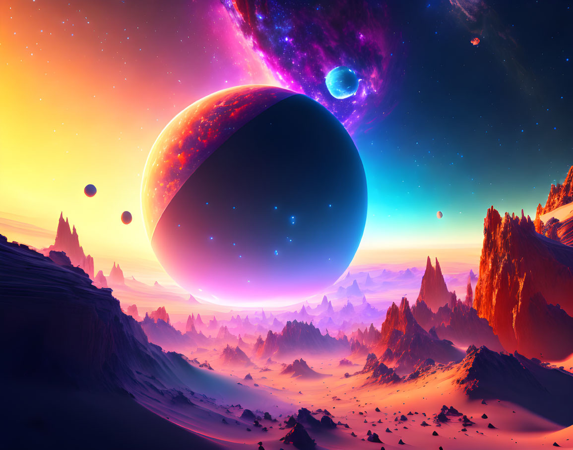 Sci-fi landscape with rocky terrain and colossal planets in a surreal sunset