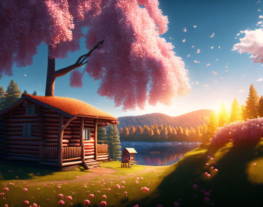 Tranquil landscape with wooden cabin, lake, pink trees, and sunset