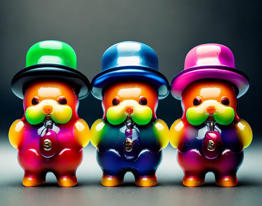 Three colorful toy ducks in top hats and bow ties playing instruments on gradient backdrop