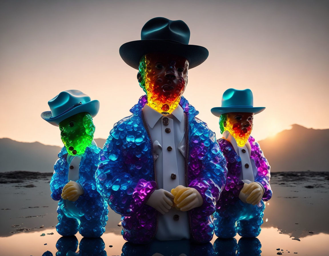 Colorful Translucent Cowboy Figurines at Sunset