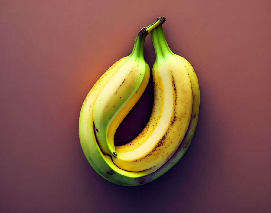 Ripe bananas creating heart shape on purple background