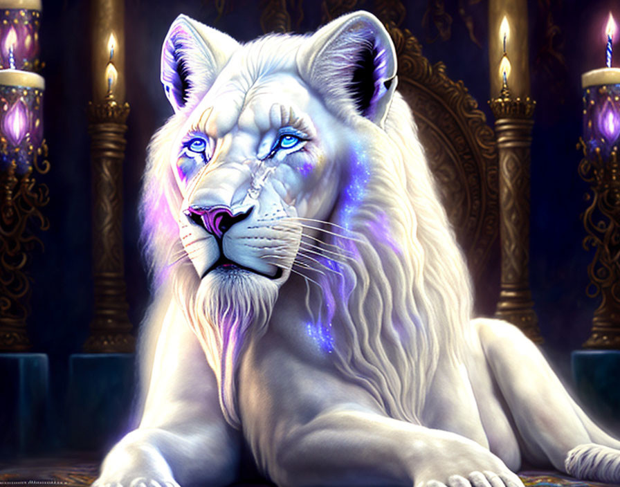 White lion with blue eyes and cosmic patterns resting in candlelit room