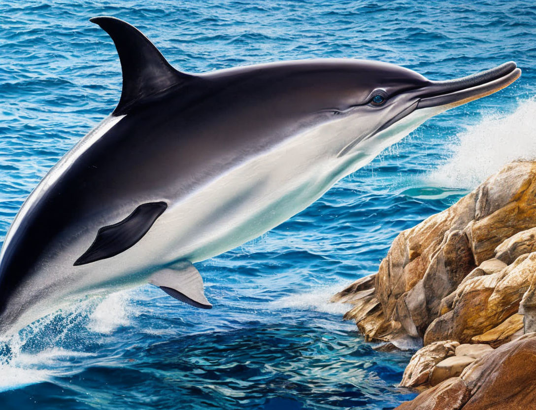 Playful dolphin leaping from blue ocean near rocky cliffs