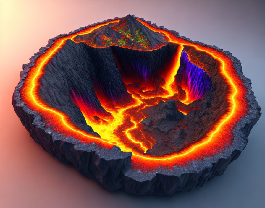 Detailed 3D rendering of active volcano cross-section