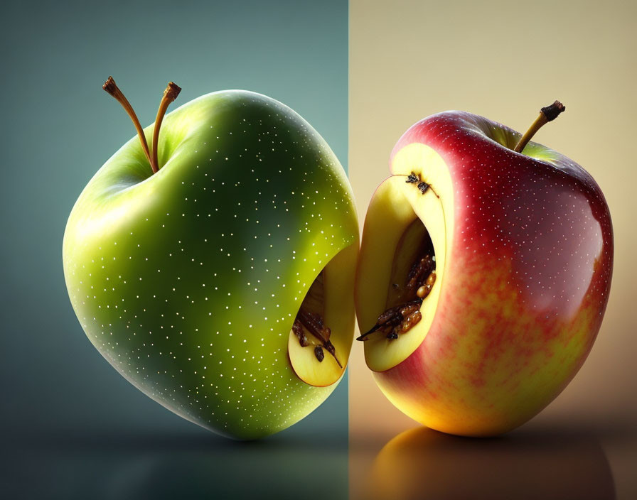 Digital art: Green and red apple faces expressing surprise and contentment.