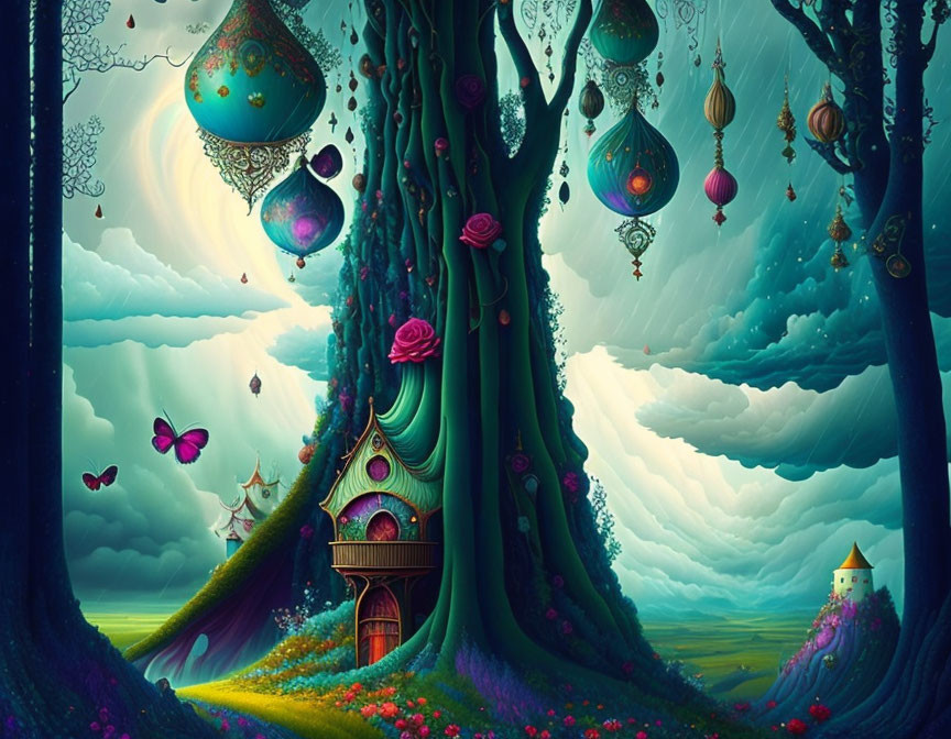 Whimsical forest with treehouses, lanterns, butterflies, and dynamic sky